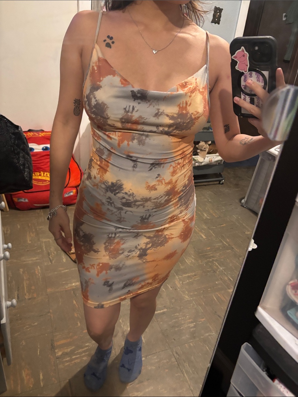 SHEIN Cream, Orange & Gray Tie-Dye Cowl Neck Mini Dress